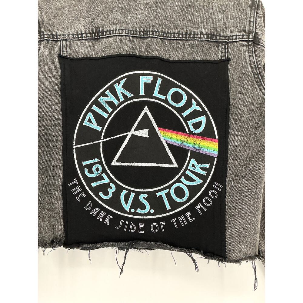 Pink Floyd 1973 US Tour Cropped Black Denim Jacket Women’s Small Raw Hem Band - Picture 3 of 6